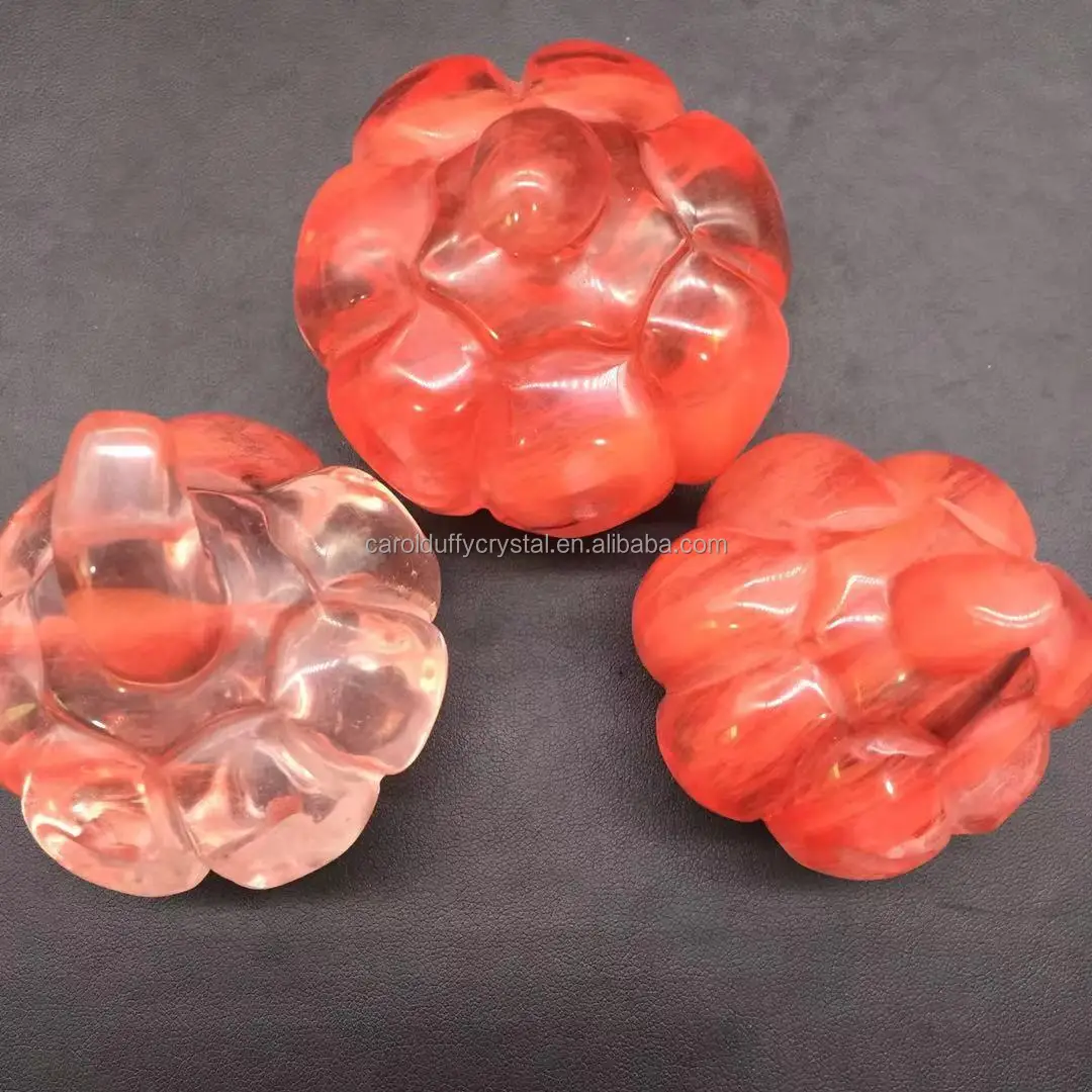 Wholesale Natural Quartz Carved Crystal Hollowed-out Red Melt Refining Pumpkins for Decoration