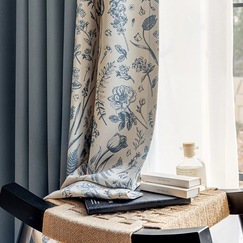 French style light luxury minimalist printed full blackout bedroom curtains