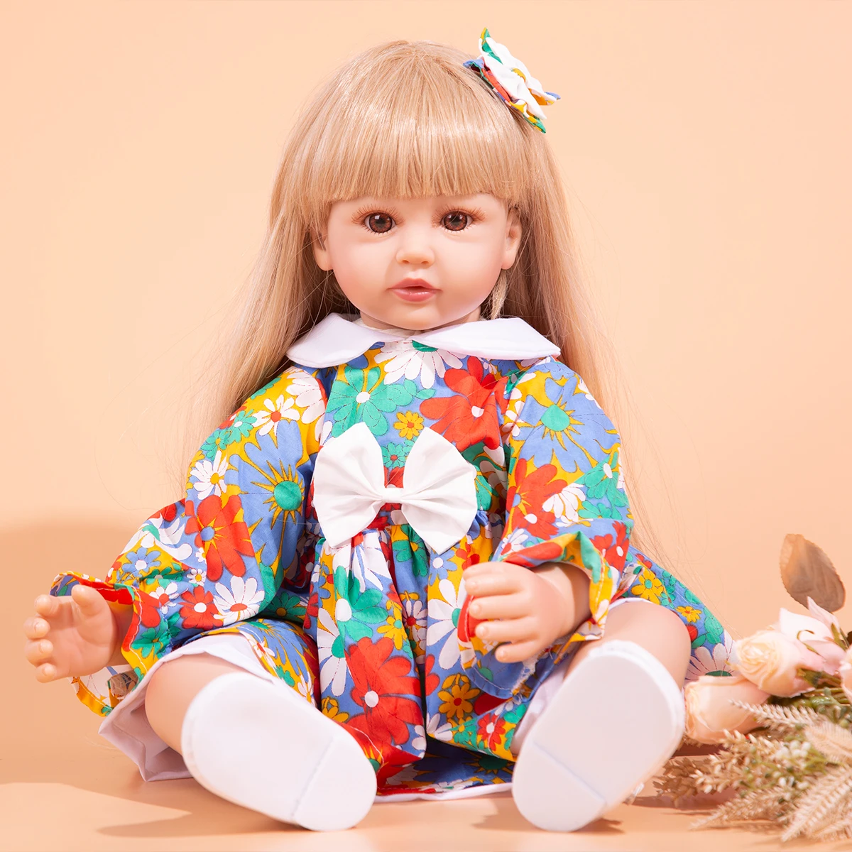 60 cm Long Blond Hair Reborn Baby Dolls Cloth Body Toddler Brinquedos Doll Toys for Kids
