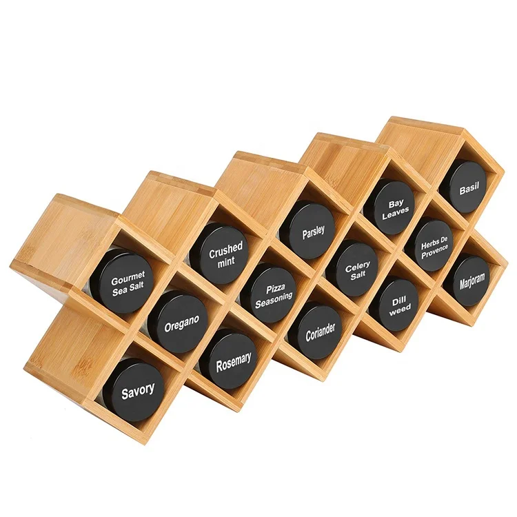 Criss-Cross 18-Jar Bamboo Countertop Spice Rack Organizer, Kitchen Cabinet Cupboard Wall Mount Door Spice Storage