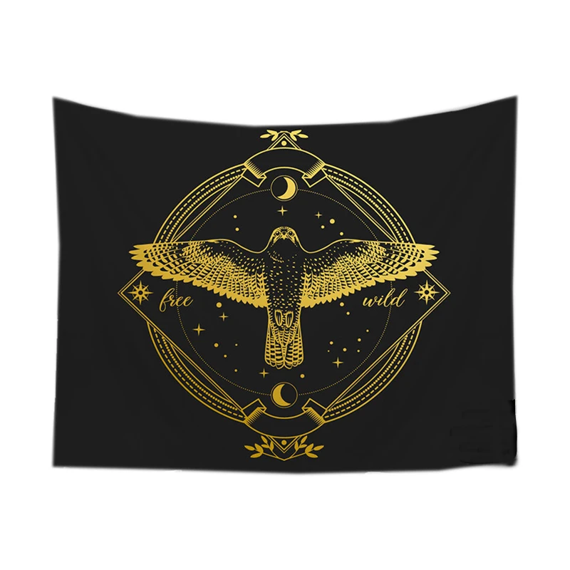80W X 60L Inches Sacred Spirituality Esoteric Collection Aesthetic Sun and Moon Gold Eagle Black Tapestry for Bedroom