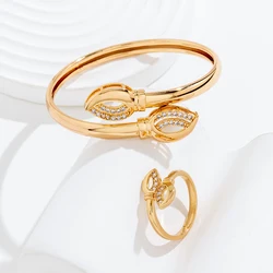 Wholesale Saudi Gold Ball Design Cuff Bangle Bracelet Flexible Cubic Zirconia Ring and Bangle Two Pcs Sets Jewelry Women