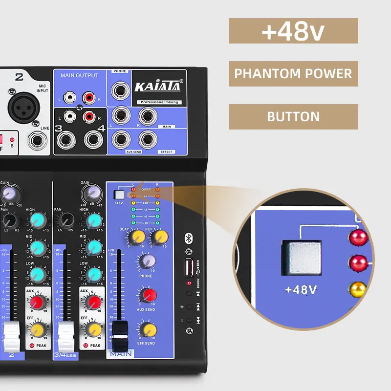 KAIKA F4-2W Small Mixer with wireless microphone integrated computer sound card guitar USB 4-channel Audio     mixer
