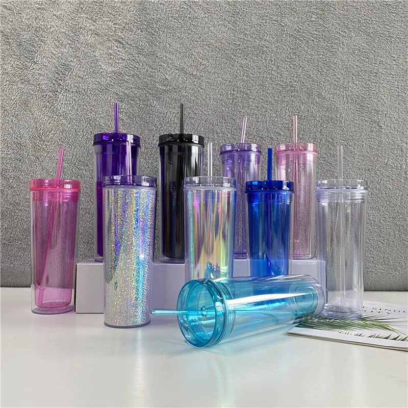 wholesale 16oz Clear Insulated Straight Tumblers Reusable Double Wall Skinny Plastic Cups Mug Water Bottles With Straw and Lids