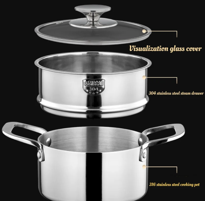 High Quality  Kitchen Cooking  Stainless Steel Steamer Pot 2 Layer Steamers With Glass Lid