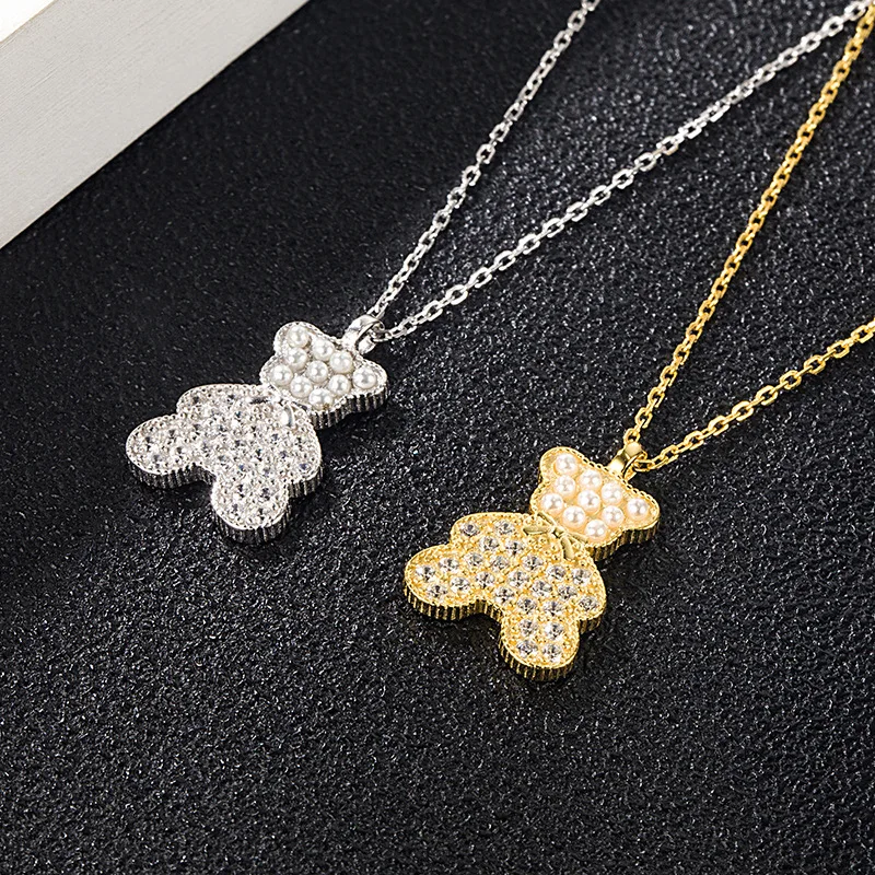Charm Fashion S925 Sterling Silver Exquisite Zircon Pearl Bear Pendant Necklace Female Ins Simple Retro Pendant Necklace