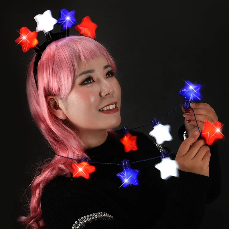 USA Fourth Of July LED Red,White&Blue Star Flashing Lights Patriotic Light-Up Necklace For Party