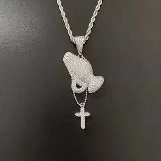 Iced Out Praying Hands Cross Pendant Handmade Zircon Crystals paved high Quality Jewelry Necklace