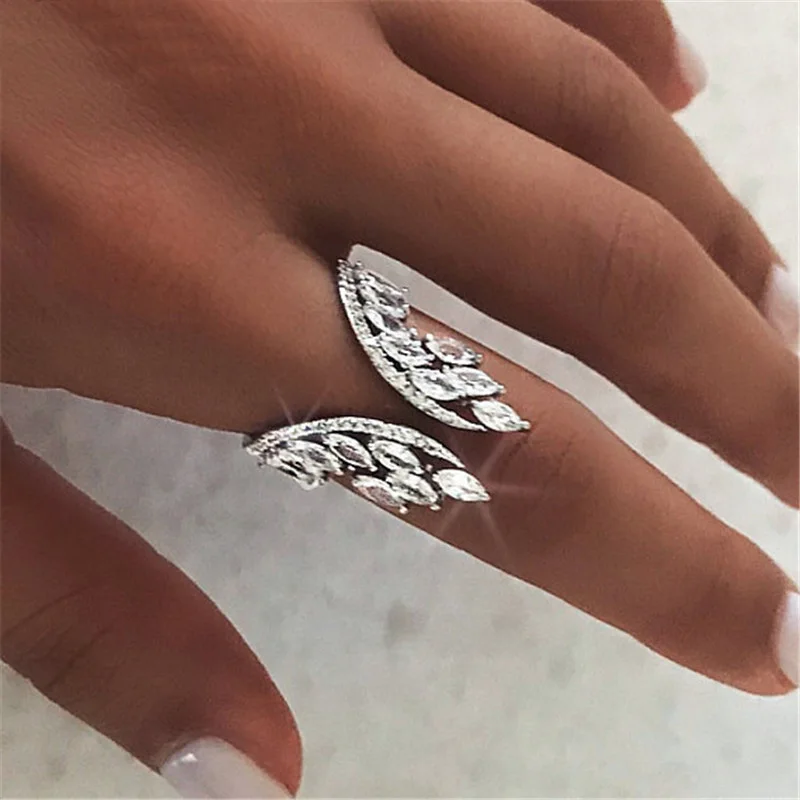 Korean Fashion Temperament Rhinestones Twisted Leaves Wishful CZ Crystal Open Ring Index Finger Rings For Women Angel
