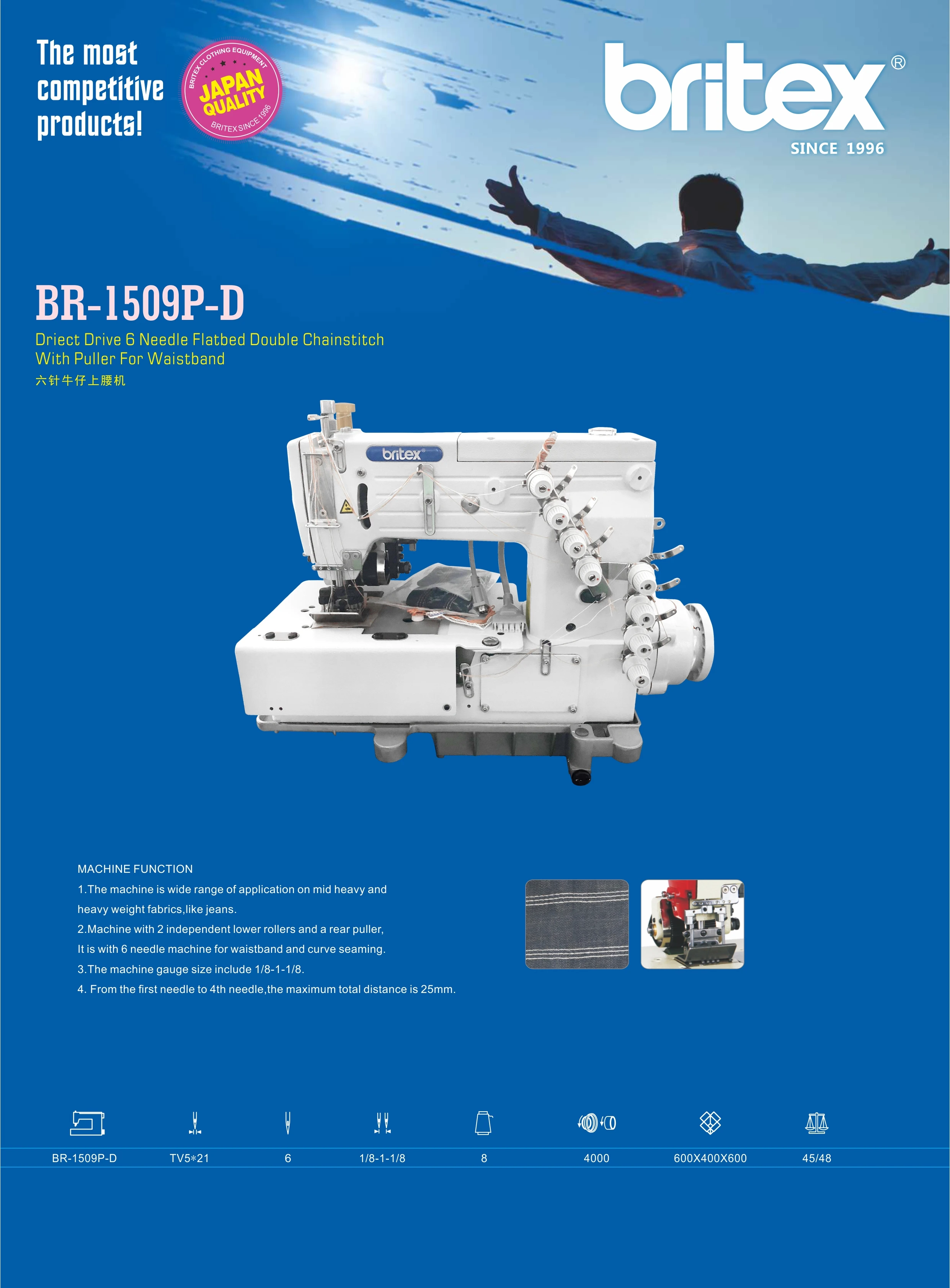 BR-1509P-D Direct Drive 6 Needle, Flatbed, Double Chainstitch Machine  With Puller for Waistband Industrial Sewing Machine