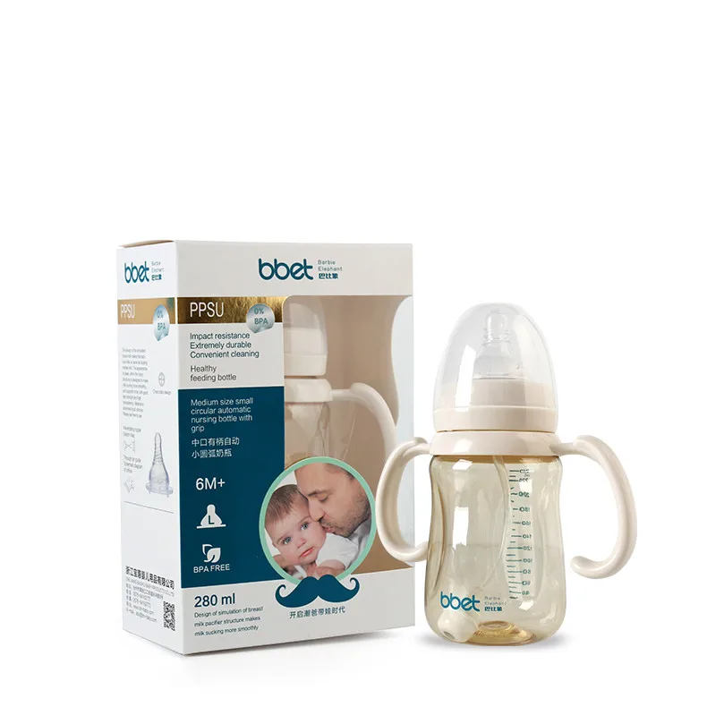 PPSU baby anti colic feeding bottle with nipple,baby milk bottle with handle from oem factory