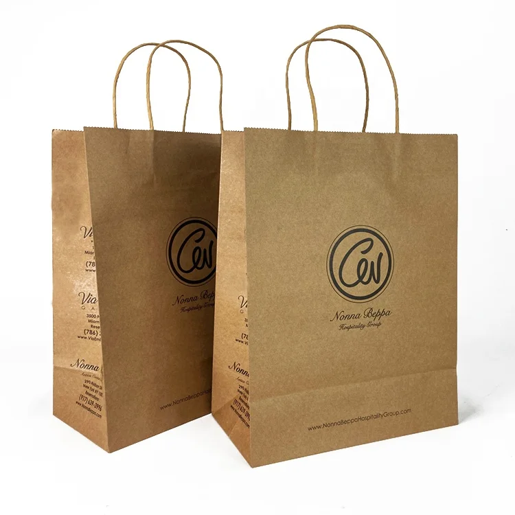 Custom Logo Print Simple Design Brown and White Recyclable Carry Boutique Shopping Eco Paper Bags with Your Own