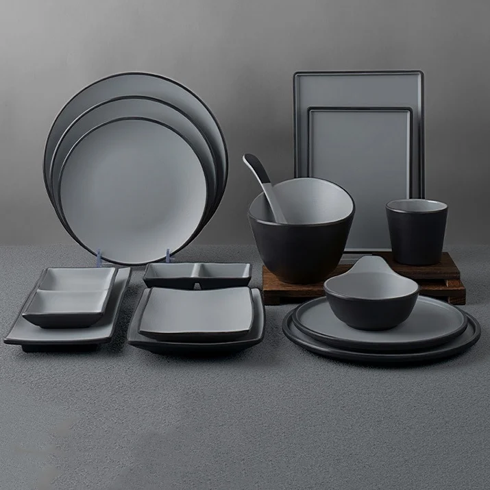 Melamine Dinner Rim Black Gray Dishes Round Square Restaurant Barbecue Steak Plate Set for Household Use for Food Serving