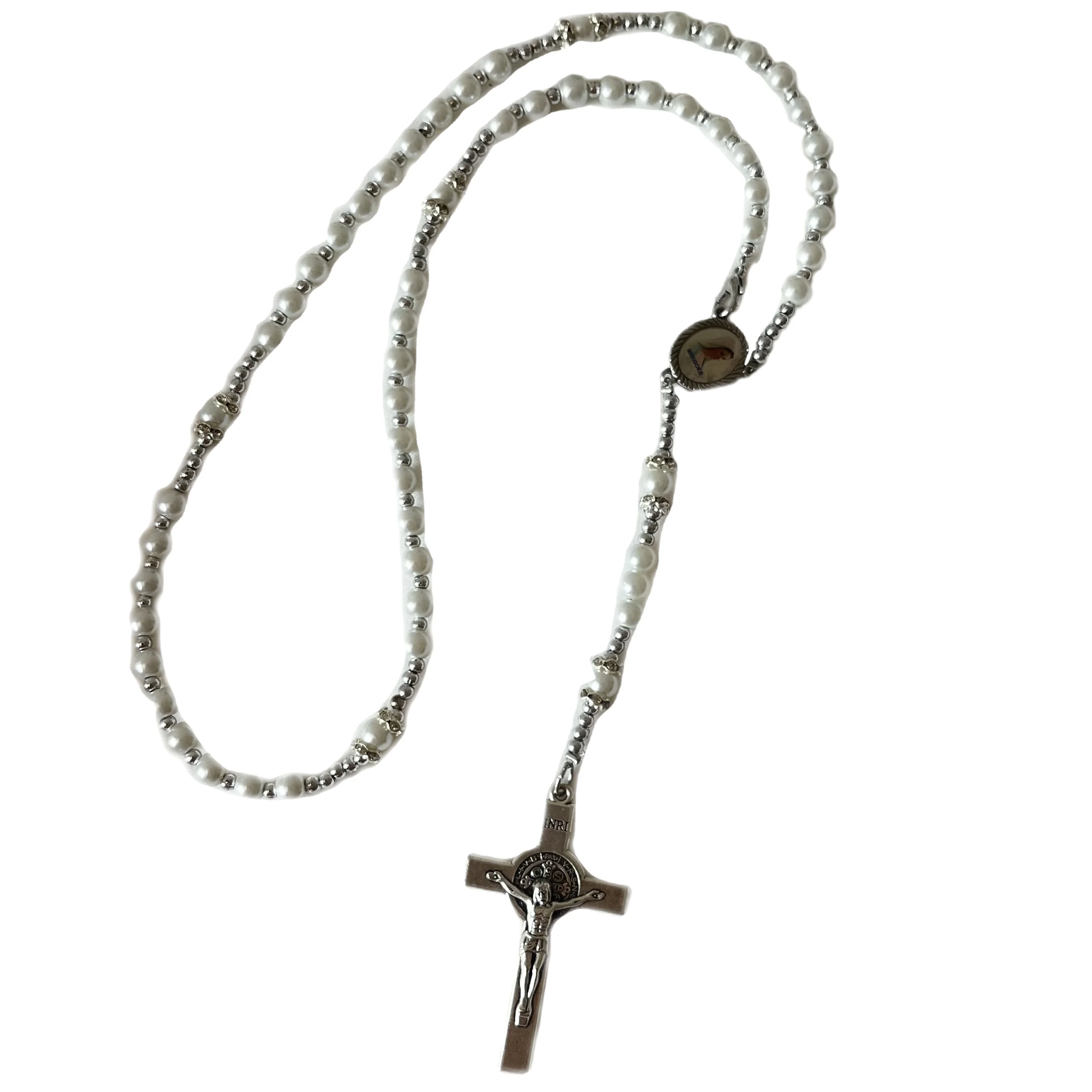 Steel Wire Braid Pearl Central Rosary Sacred Heart Virgin Mary Heart Icons Center Ceremony Jewelry Baptism Rosary