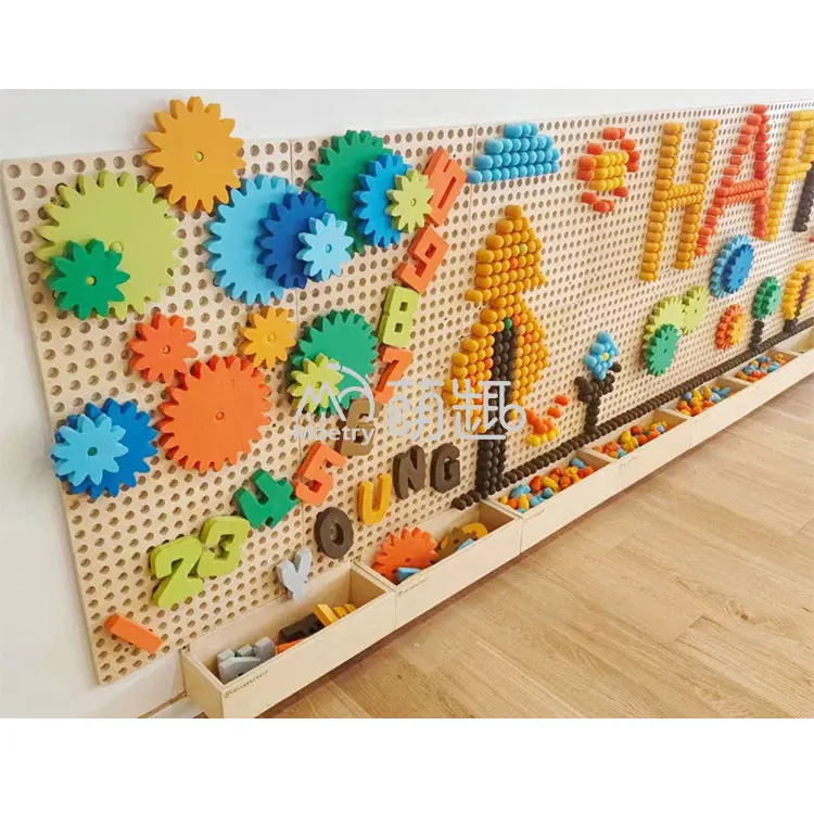 Moetry Custom Design Kids STEM Wall Game Wooden Wall Play Panel with EVA Gear Building Blocks