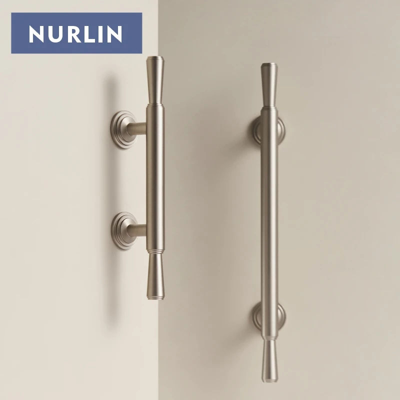 Nurlin Solid Brass Nickel Brushed Luxurious Silver French Modern Cabinet Handles Tbar Wardrobe Knobs