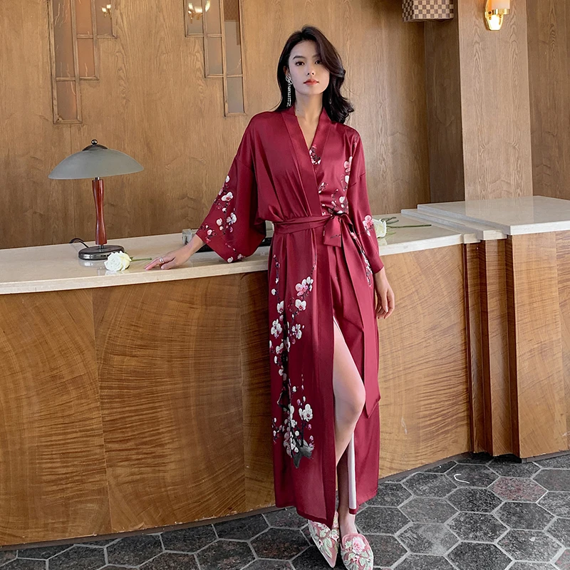 2023 kimono Robe print  pajamas Belted Luxury long sleeve nightwear set gown sexy women 100% silk Satin Robe