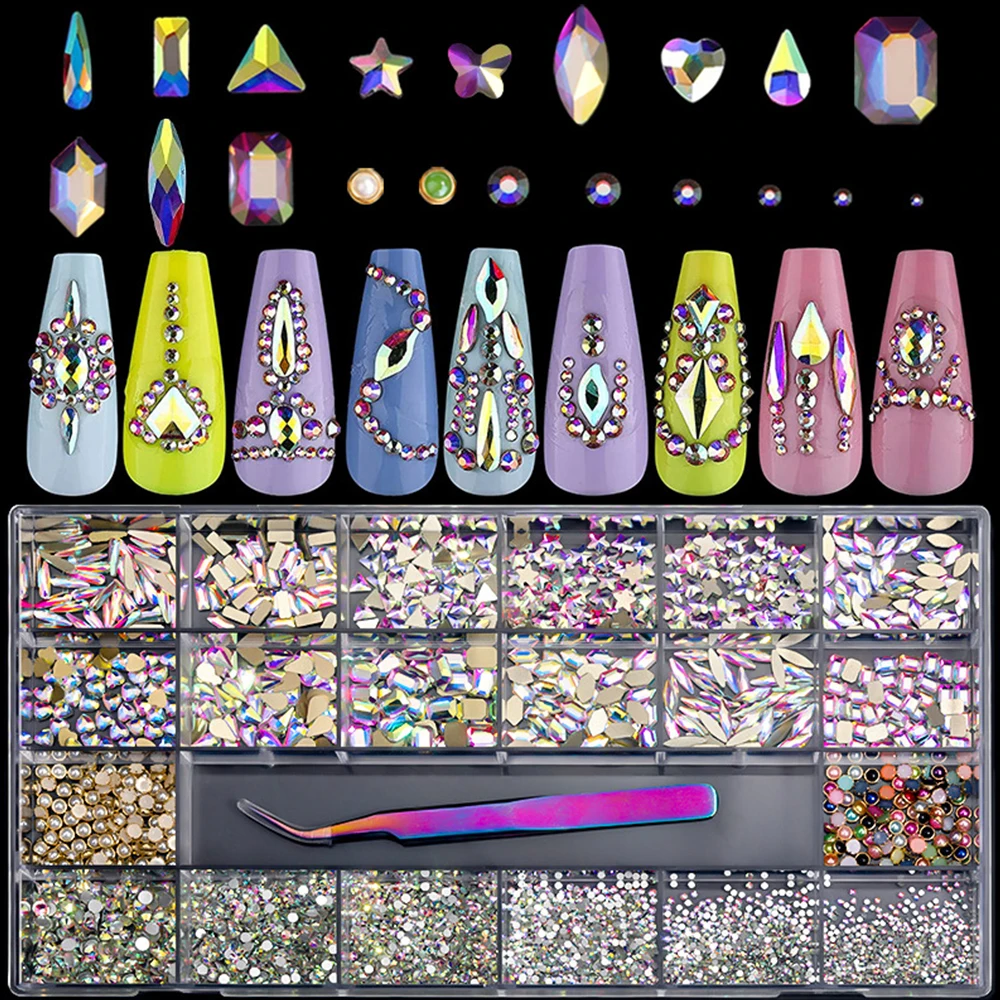 
Wholesale 21 Grid Flat Bottom Glass Special-Shaped Diamond Size Mixed Box Nail Diamond Jewelry Diamond set 