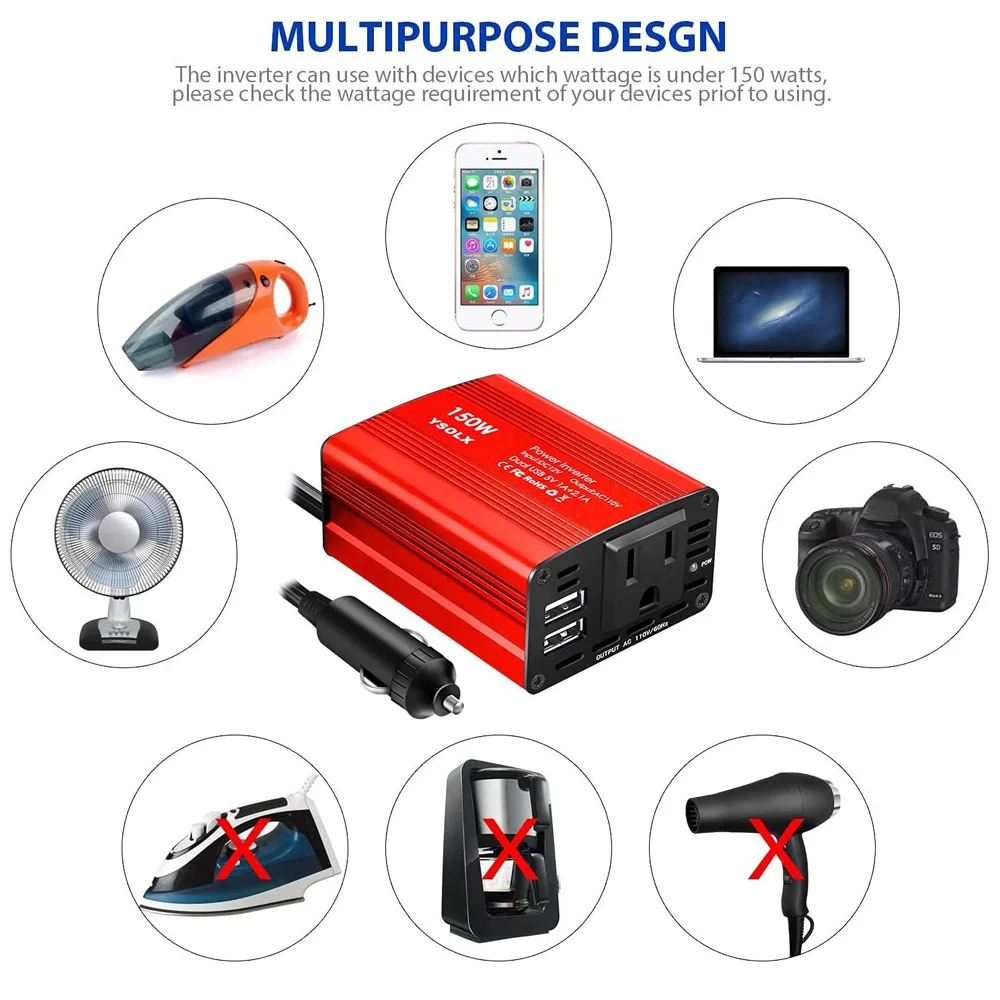 USA Local Stock Free Shipping 150W Car Power Inverter DC 12V To 110V AC Outlet Converter With 2.1A Dual USB Car Charger Adapter