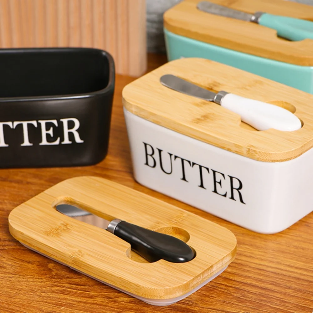 Ceramic Butter Dish With Bamboo Lid And Knife For Countertop, Double Silicone Seal, White Small Perfect Butter Keeper