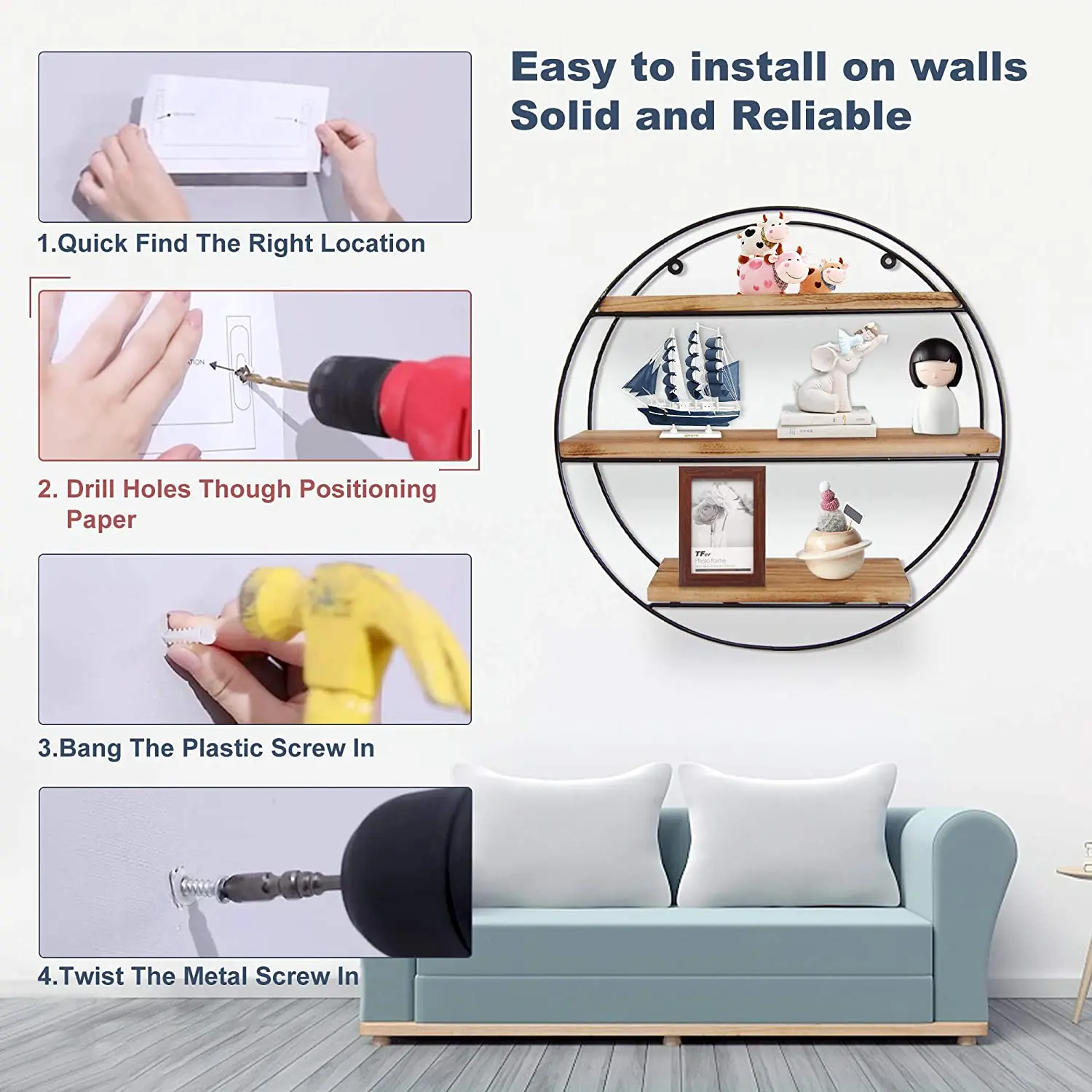 Wall Mounted Hanging ShelfFloating Shelves Wall Mounted Hanging Shelf Geometric Circle Metal Wood Wall Shelf