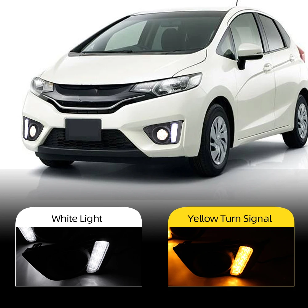 Car LED Daytime Running Lights for Honda Jazz fit 2014 2015 2016 LED DRL fog lamp with yellow turn signal Foglight