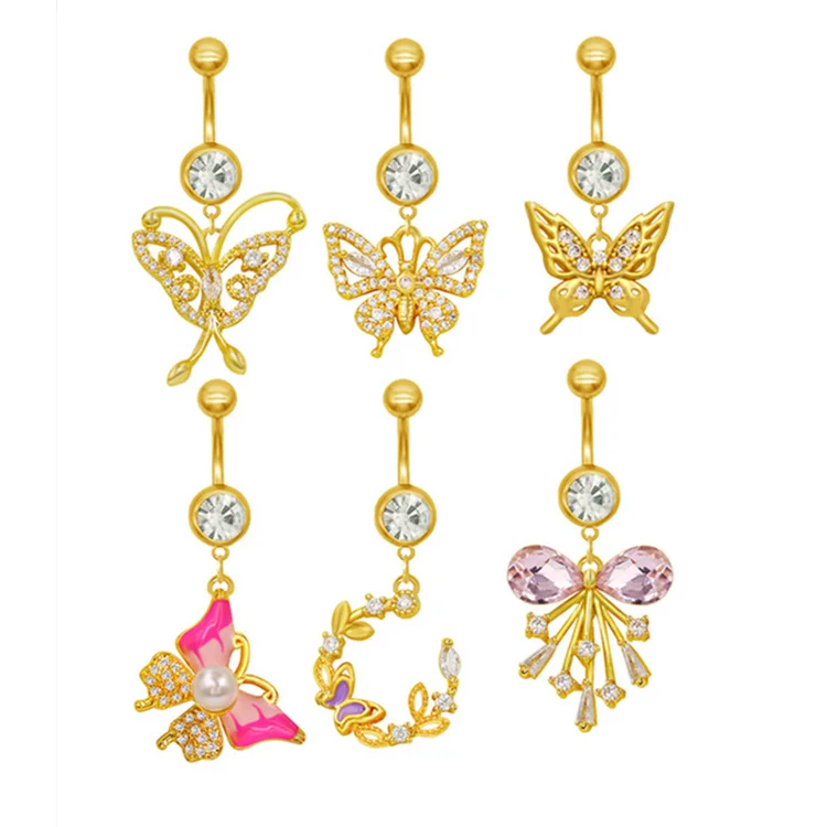 NUORO Fashion Surgical Steel Butterfly Belly Piercing Gold Color Zircon Butterfly Dangle Navel Piercing For Women