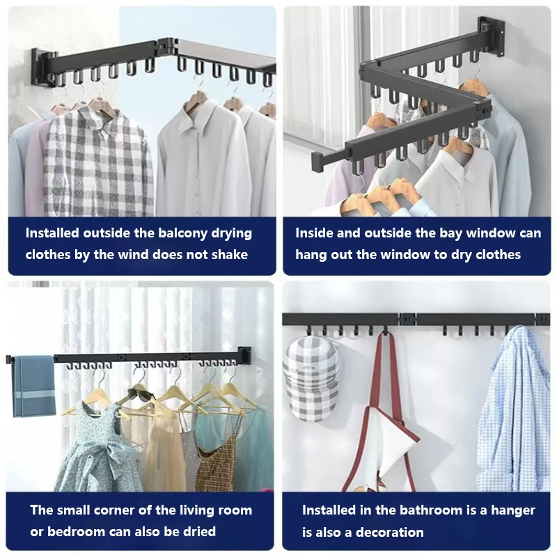 Folding Clothes Hanger Wall Mount Retractable Cloth Drying Rack Space Saving Aluminum Home Laundry Clothesline washing lines