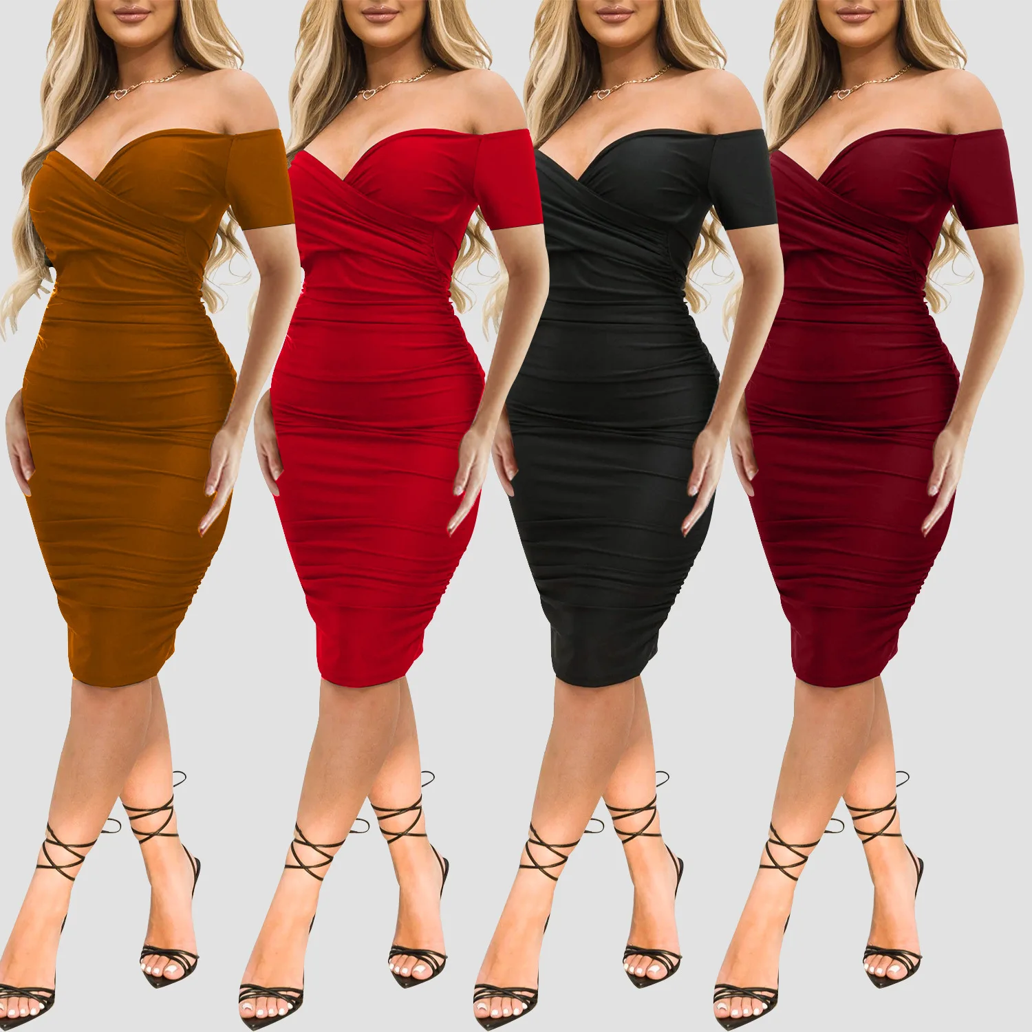 Womens Summer Off The Shoulder Ruched Bodycon Dresses Fitted Party Club Midi