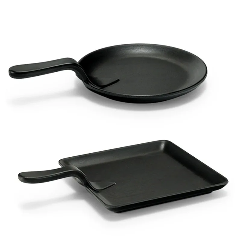 Custom Logo Black Steak Pizza Melamine Serving Plate With Handles Restaurants Melamine Plates Dinnerware Melamine Wares