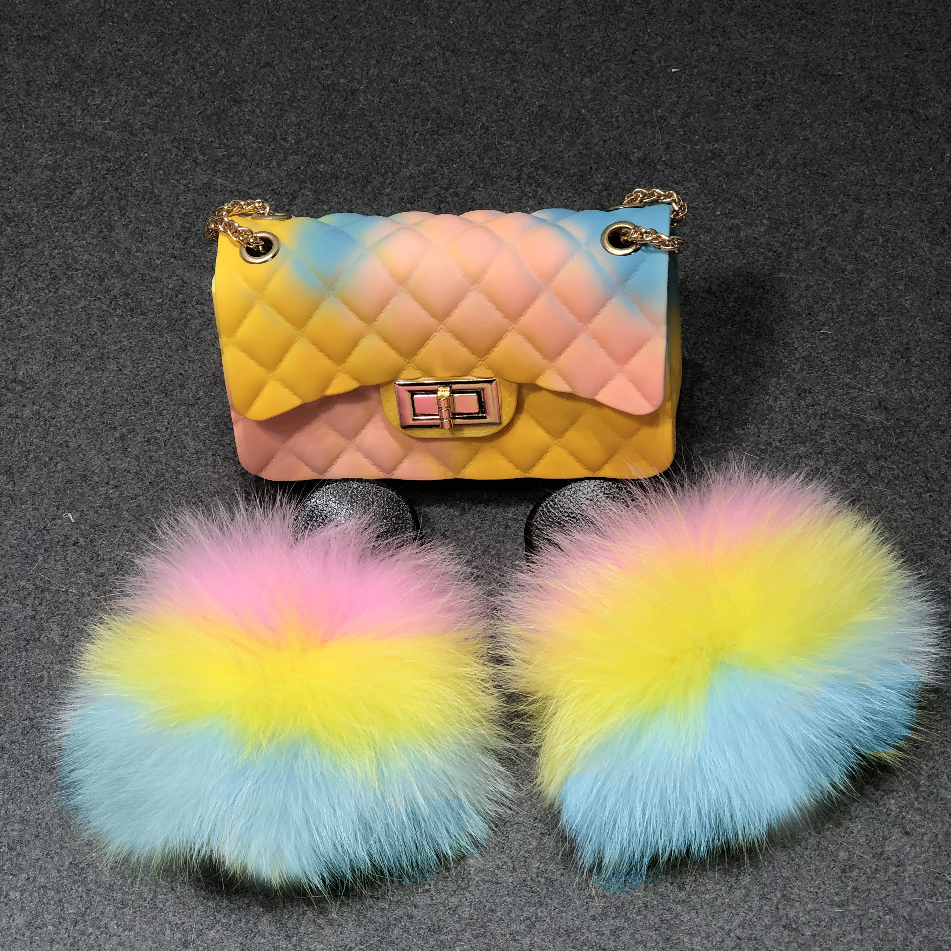 Size 6c-2y Wholesale Soft Fur Slides Slippers Party Sandals Outdoor Shoes Kids Fur Slides And Jelly Purse Kids Sandals