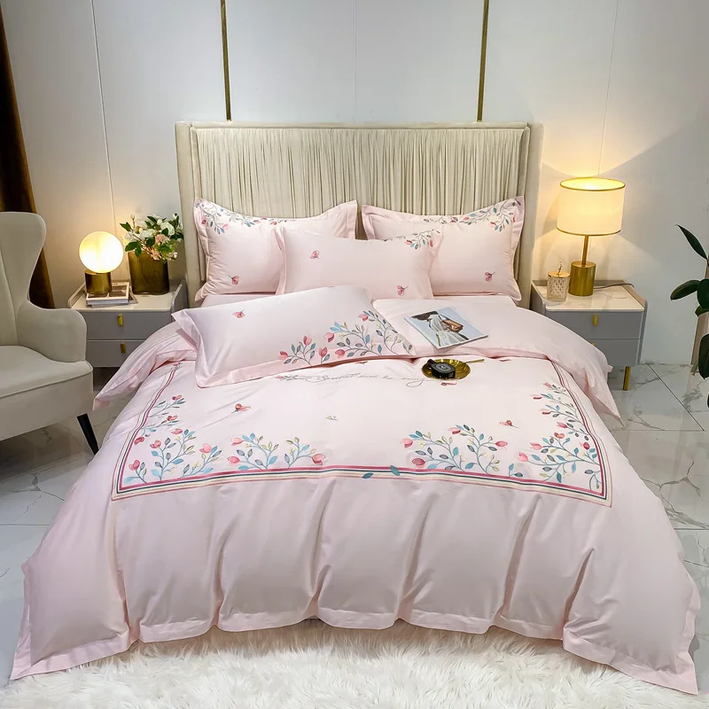 Pastoral Embroidered Flowers 4pcs Duvet Cover Set 100% Cotton luxury Soft Bed sheet set with Pillowcases