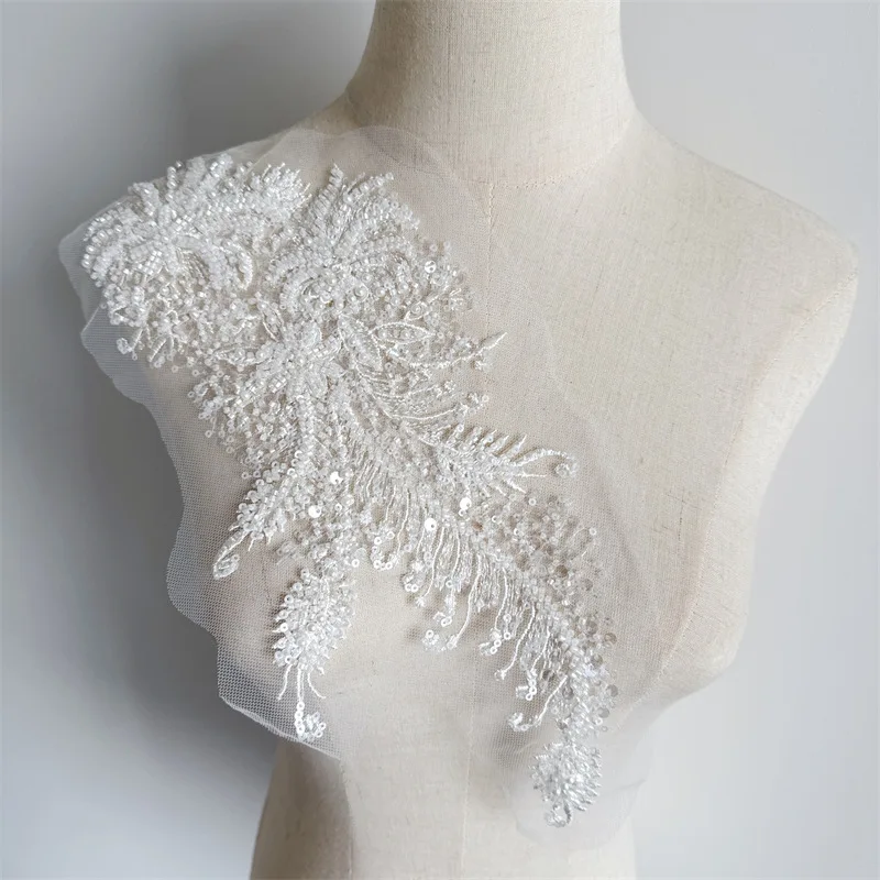 1 Piece White Flower Beaded Embroidery Sew on Organza Patches Applique for Wedding Dress