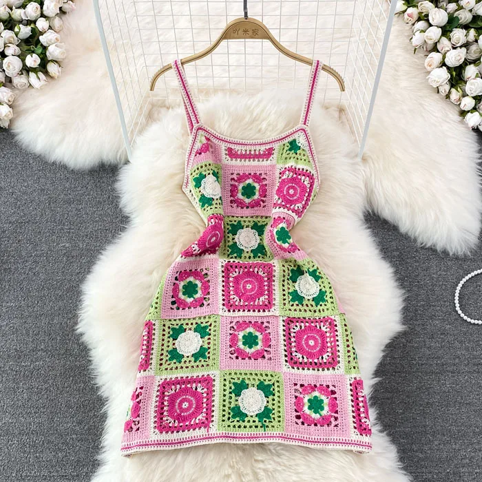 LY739 New 2022 Korean Fashion Color Block Floral Crochet Dress Women Knitted Beach Dresses Clothing 7