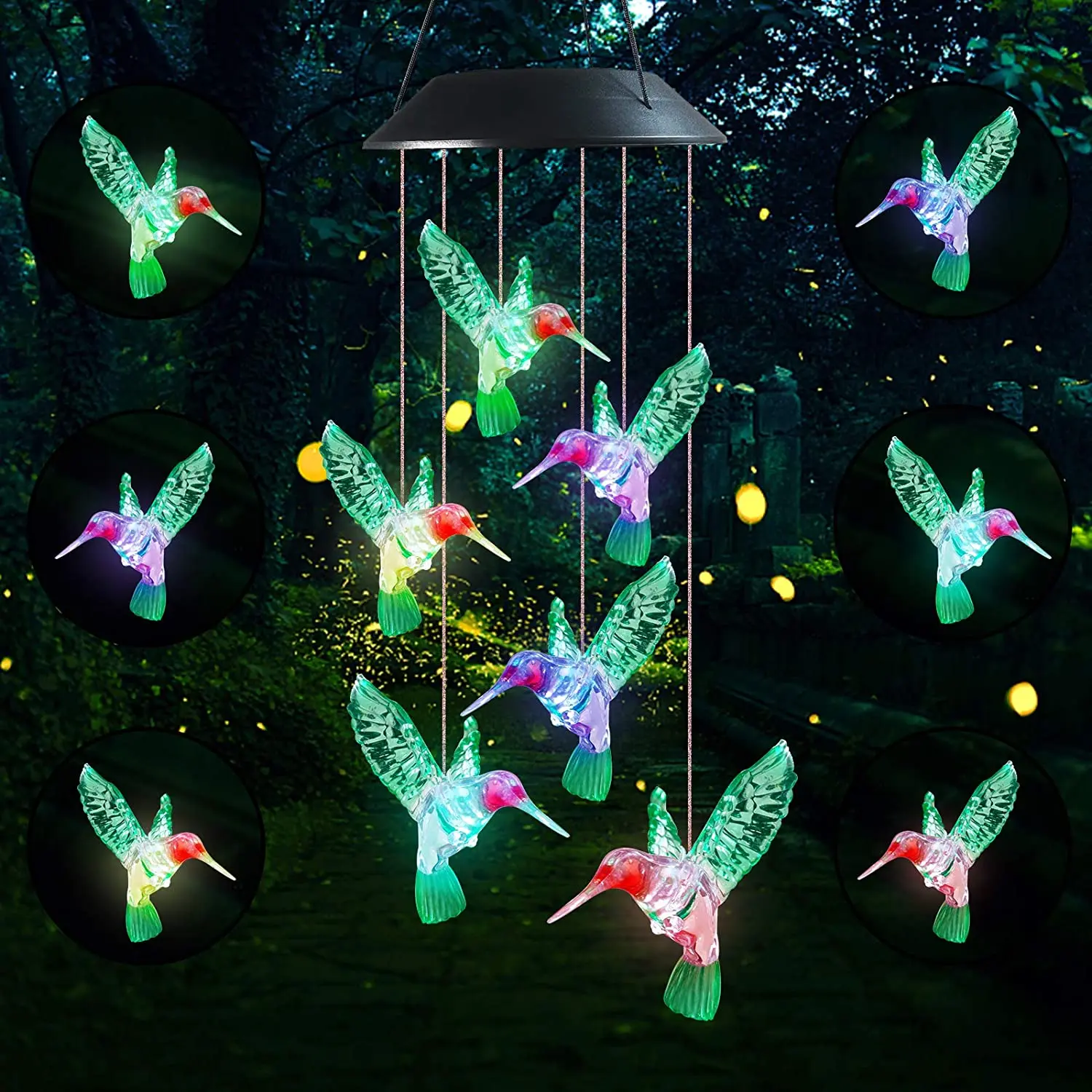 Outdoor Solar Wind Chimes, Garden Light Hummingbird Wind Chimes, Waterproof Color Change Solar Wind Chime Hanging Light