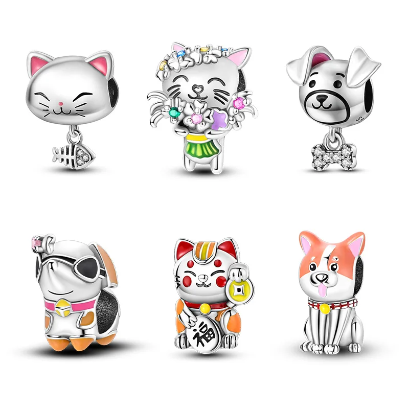 MULA Silver Plated Lucky Cute Cat Cool Dog Puppy Beads Charms With Zircon Classic Jewelry Children Weddings Parties