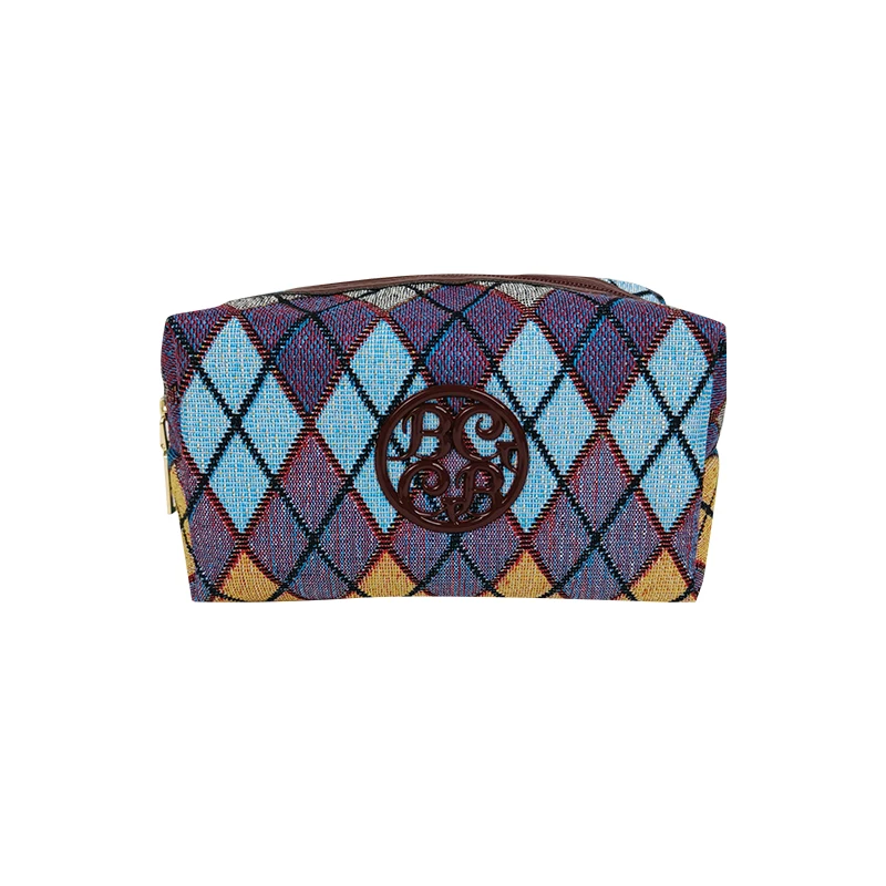 Eco friendly jacquard fabric check Plaid make up bag unique Polyester Beauty makeup bag cosmetic bag with custom logo daily