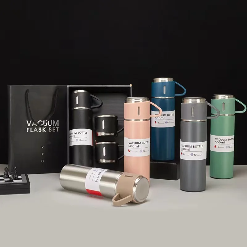 Luxury 3 in 1 Insulated Water Bottle Business Gift Stainless Steel Travel Cup Vacuum Thermos Flask Set with 3 Cups and Handle