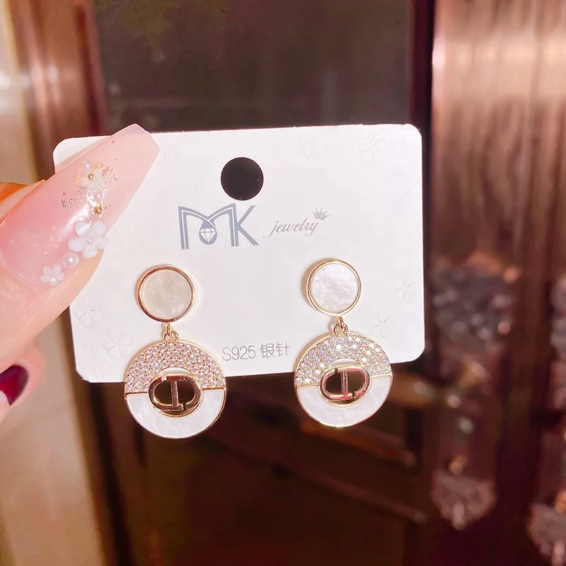 Gold Plated 925 Silver Needle Geometric Round CD Earrings Full Zircon Pendant Earrings Jewelry