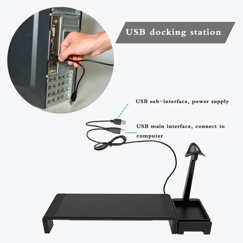 multi-function foldable computer monitor riser screen holder table with usb charger drawer headphone holder