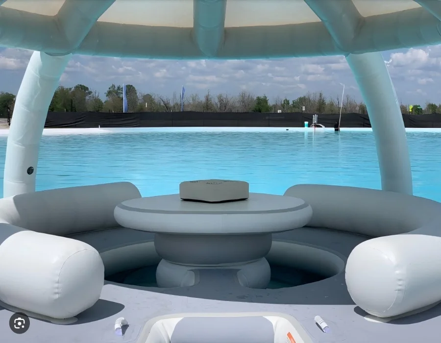 Popular Leisure water floating island with tent Inflatable water game floating party