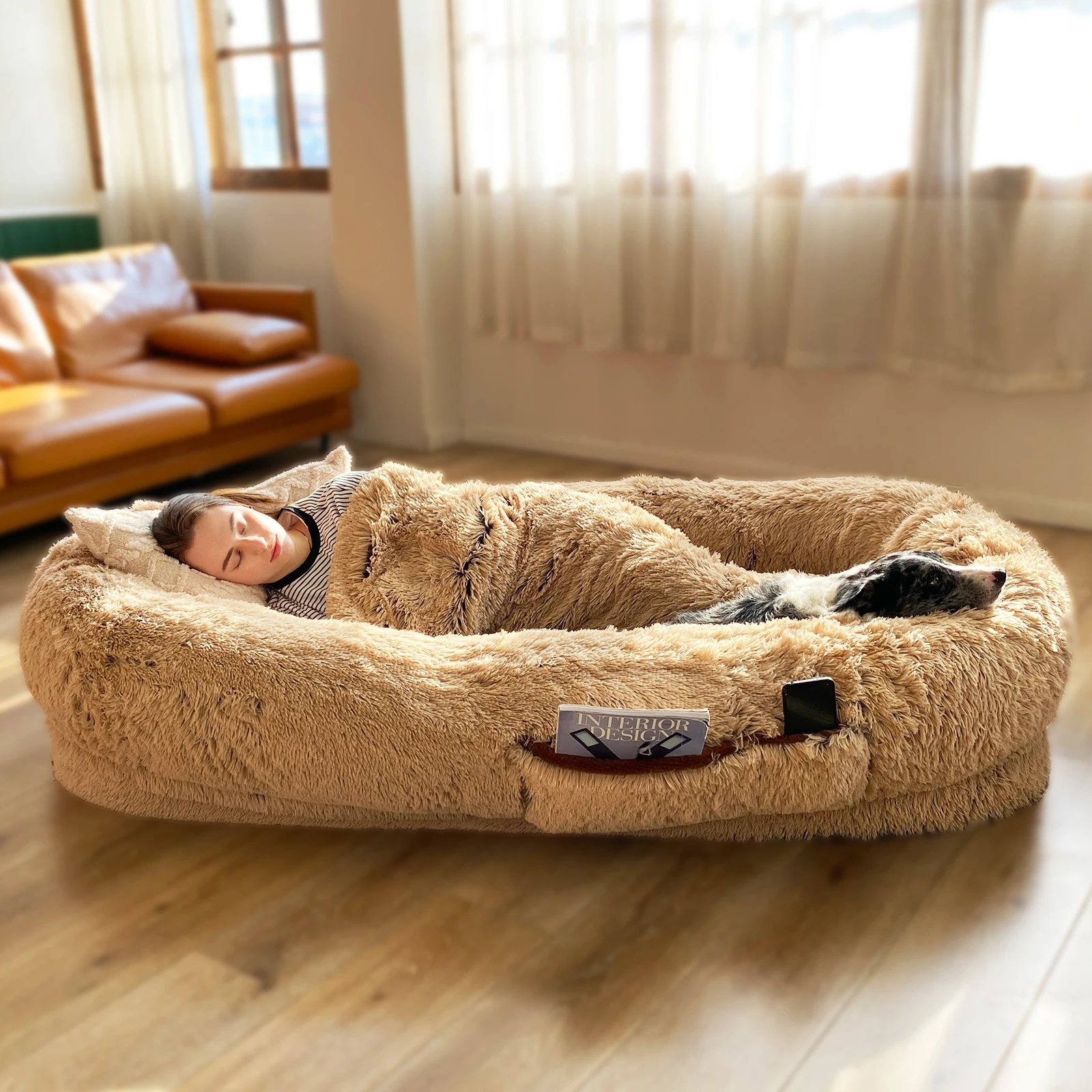 CF Popular Giant Round Plush dog bed for human dog bed Round Long Plush Bed dog humans or Large Cats Big One-Person Sofa Adult