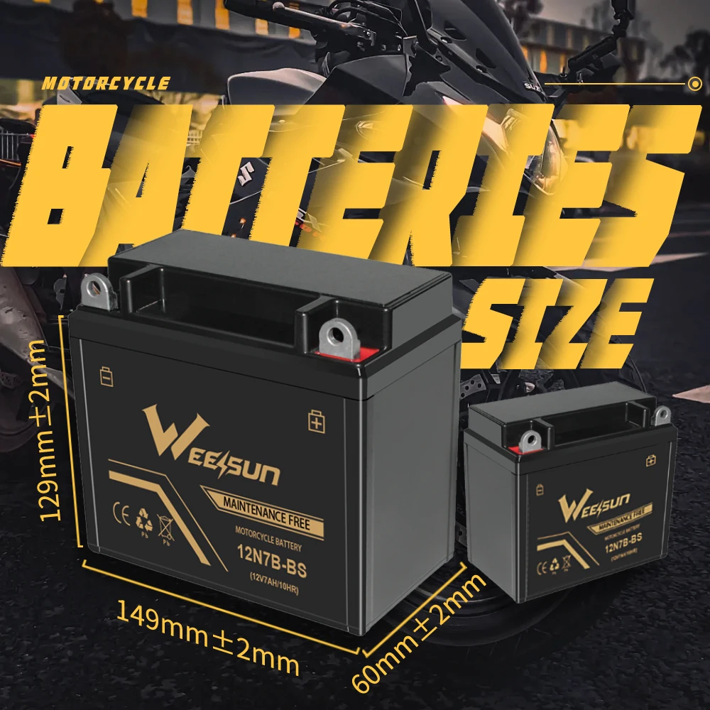 WEESUN 12V7Ah 12N7B-BS  Motorcycle Spare Parts Rechargeable AGM MF Motorcycle Battery