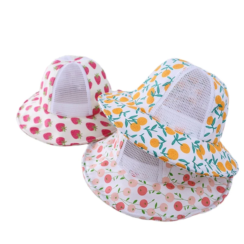Панама детская летняя сетчатая с клубничками, Панама от солнца для маленьких девочек, пляжные аксессуары, дышащая, для отдыха на открытом воздухе, 1-3
