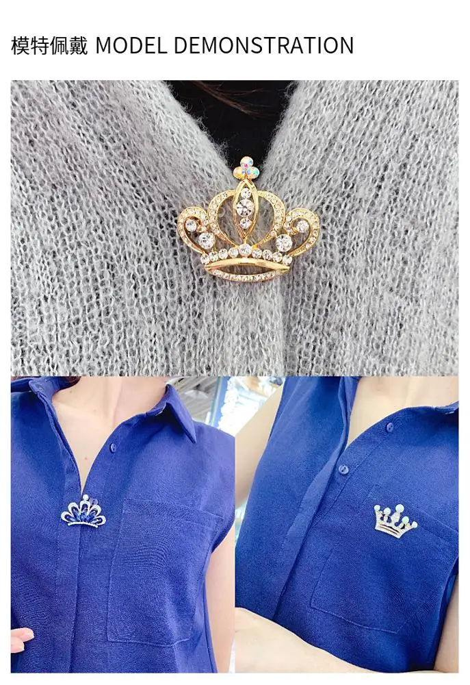 Gold Plated Suits Shirt Luxury Crystal Pearl Crown Brooch Pin Rhinestone Crown Brooch for Clothes Accessories