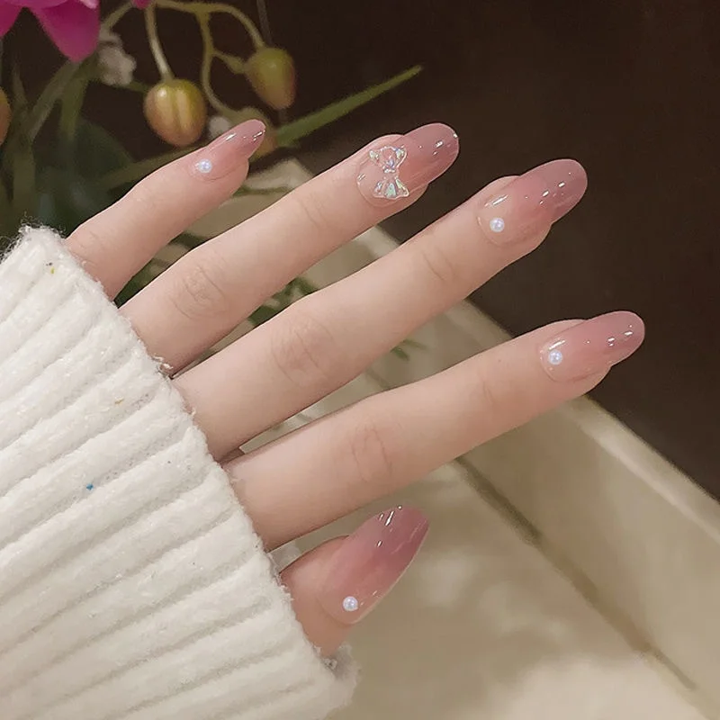 24 pcs / set Bow knot nail art piece, dot diamond pearls color printing fake nails press on nail