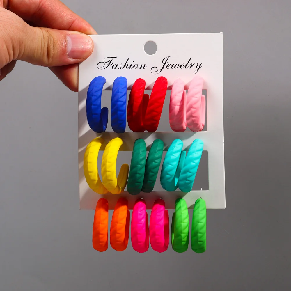Korean Popular Fashion Jewelry Multicolor 9 pairs/sets  Water Drop Twist Geometric Personality Acrylic Hoop Earrings for Women