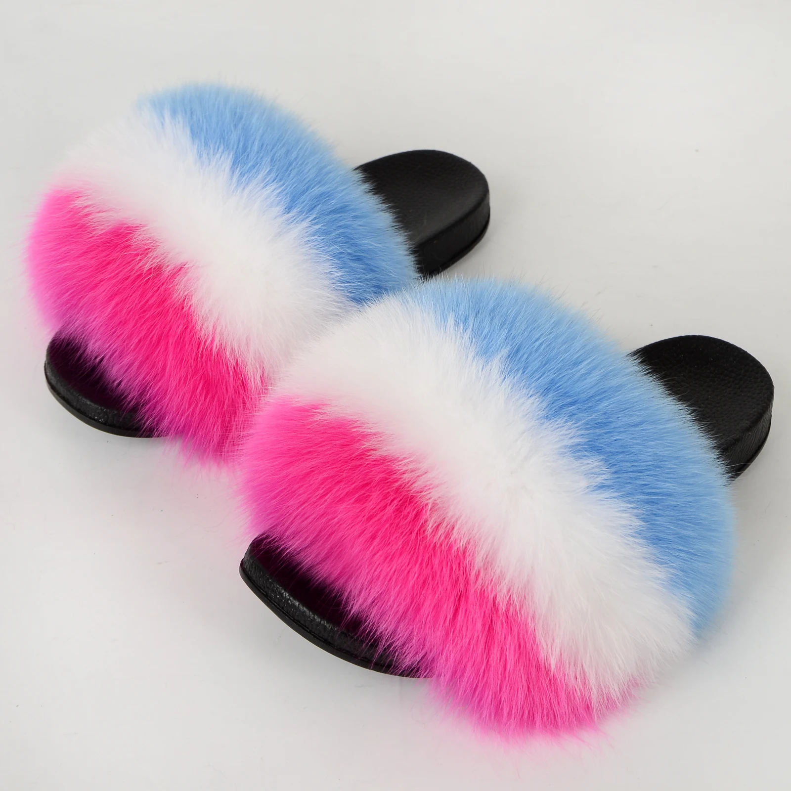 
Cost-effective colorful fashion luxury fluffy women middle fox fur slide 