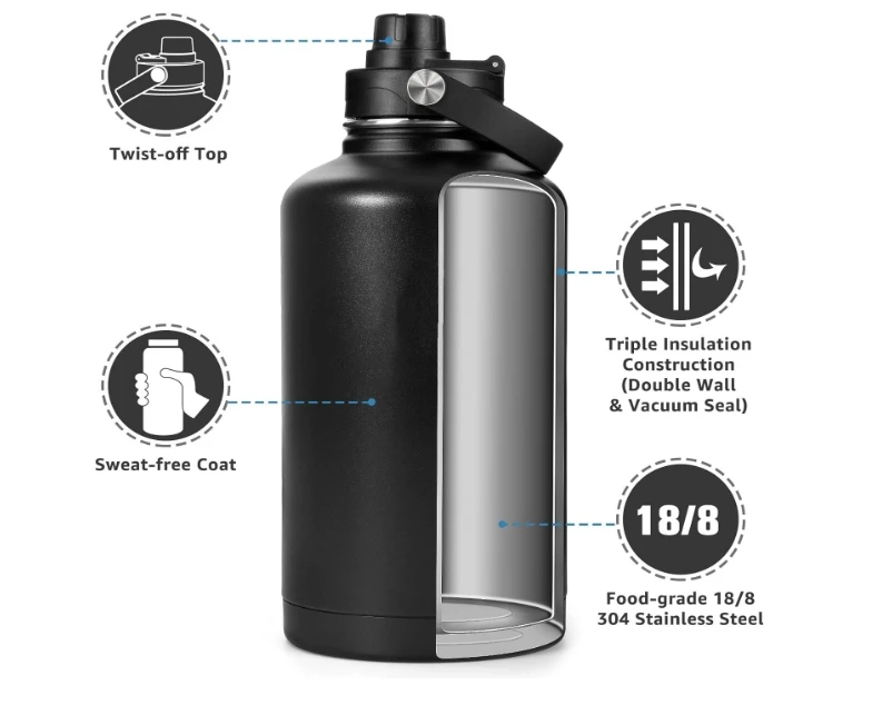 Half Gallon water JUG 64oz Water Bottle with Paracord Handle and Sleeve bag,  All Around Travel Tumbler with Handle