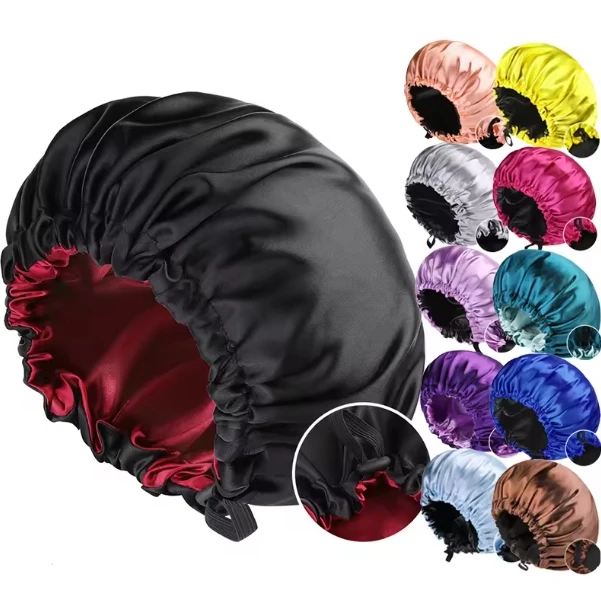 2024 New Reversible Sateen Sleeping Hat Women Fashion Elastic Hairdressing Cap Adjustable Buttons Solid Color Satin Shower Cap